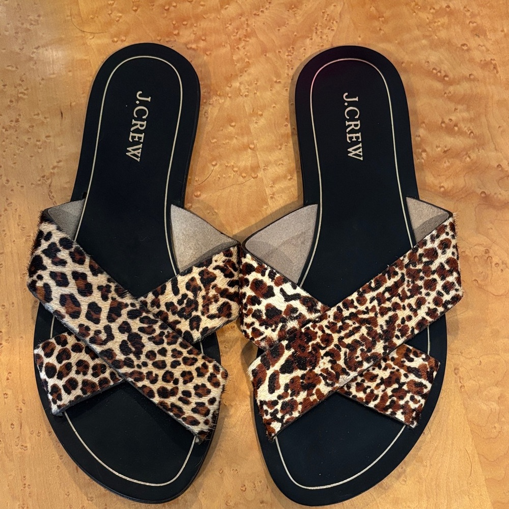 J. Crew Cyprus Calf-Hair Leopard Cross-Strap Slide Sandals